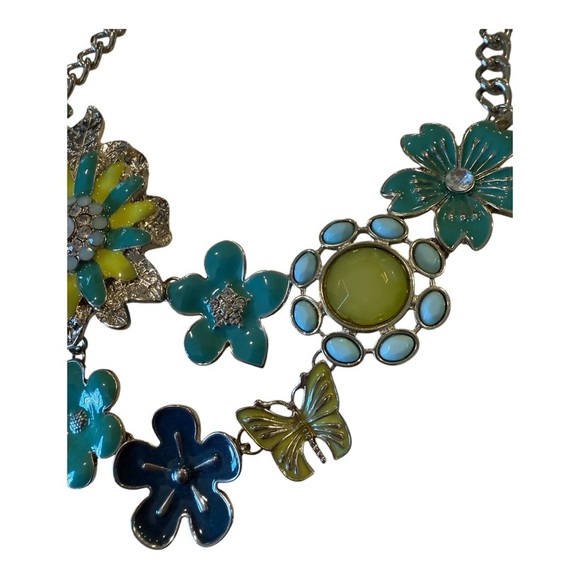 izaro Silver Chain Bib Necklace with Enamel Turquoise Flowers & Butterfly NEW - Picture 2 of 10